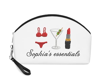 Personalized Makeup Bag with Embroidered Essentials, PU Leather Travel Pouch