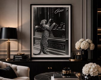 Leopard Wall Art Print, Black and White Fashion Decor, Chic Apartment (Digital Download)
