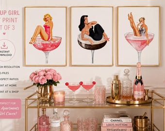 Pin Up Cocktail Art Print Set, Retro Glam Martini Girl Prints (Digital Download)