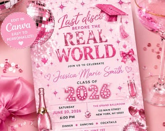 Pink Disco Graduation Invitation | Editable Canva Template (Digital Download)