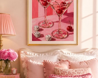 Pink Martini Cherry Cocktail Art Print, Coquette Bar Decor (Digital Download)