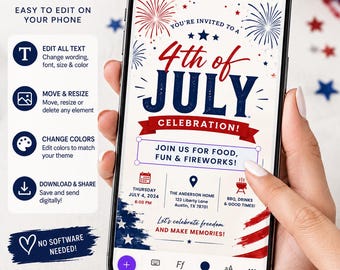 Editable 4th of July Invitation, Patriotic BBQ Party Invite (Canva Template)