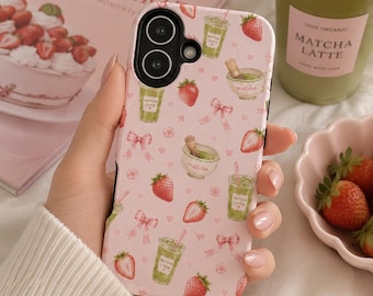 Strawberry Matcha Pattern Phone Case | Kawaii Pink Fruit Cover