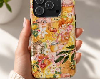 Coquette Lemon Honey Bee Floral Collage iPhone Case, Summer Cottagecore