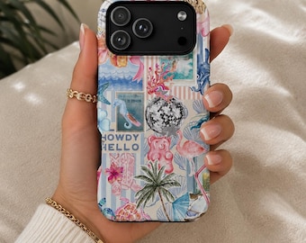 Vintage Tropical Collage phone case | palm tree, flamingo, seashells