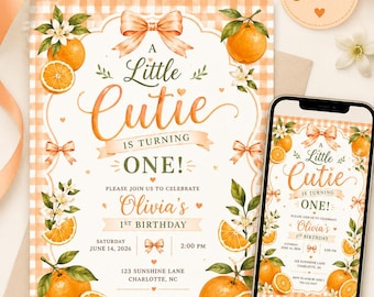 Little Cutie Citrus Birthday Invitation | Watercolor Oranges, Blossoms (Editable Canva Template)