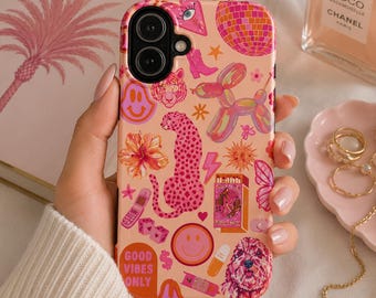 Y2K Pink Collage Phone Case: Disco Ball, Smiley Faces, Butterflies, Cheetah Print, Flowers, Boots