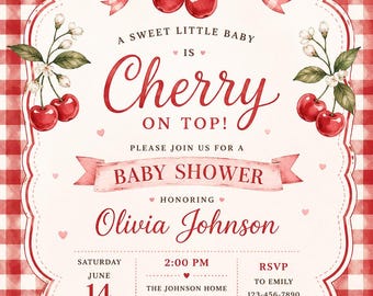 Cherry On Top Baby Shower Invitation Template | Watercolor Cherries, Gingham (Digital Download)