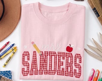 Personalized Teacher Embroidered Sweatshirt, Custom Mrs Name Gingham Applique Crewneck, Back To School Shirt, Teacher Appreciation Gift