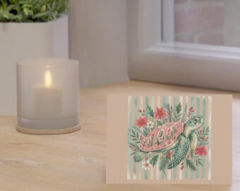 Floral Sea Turtle Greeting Card | Marine Botanical Illustration, Nautical Stationery