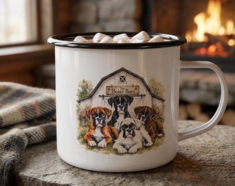 Barn Puppies Enamel Camp Cup | Boxer Dogs Illustration, Rustic Farm Scene