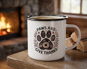 Paws and Give Thanks Enamel Camp Cup | Paw Print Floral Fall Design