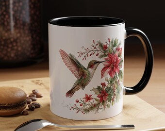 Hummingbird with Poinsettia Accent Coffee Mug | 11oz or 15oz