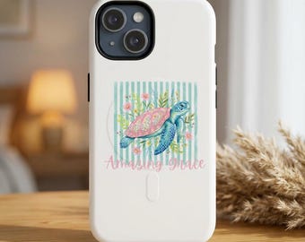 Sea Turtle Floral Phone Case | Watercolor Beach Stripes MagSafe Cover