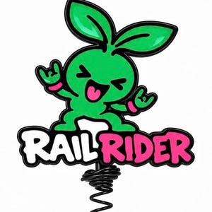 以下が含まれることがあります： 葉のような耳を持つ漫画のキャラクターがロックンロールのハンドサインをしている緑色のエナメルピン。キャラクターの下には、白とピンクの文字で「RAIL RIDER」と書かれています。ピンは黒い金属製のコイルスプリングに取り付けられています。