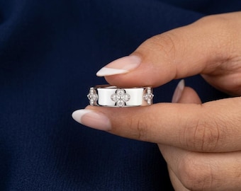 Four Leaf Clover Moissanite 925 Sterling Silver Wide Band, Lucky Promise Ring