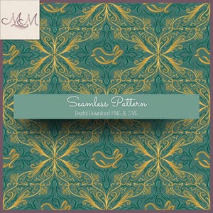 May include: A seamless digital pattern featuring intricate gold filigree swirls and stylized bird silhouettes set against a deep teal background. A central banner displays the text Seamless Pattern Digital Download PNG & SVG.