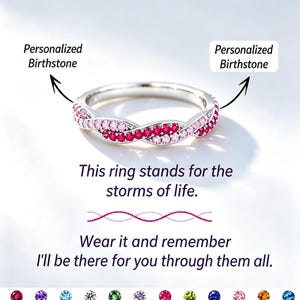 May include: A silver-toned twisted band ring featuring rows of pink and red gemstones. Text reads: Personalized Birthstone, This ring stands for the storms of life. Wear it and remember I'll be there for you through them all. Includes a birthstone chart.