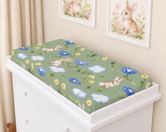 Bunny Floral green Changing Pad cover for Bunny theme nursery gift bunny nursery decor vintage floral design gift for baby shower