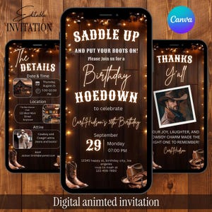 Puede incluir: Tres pantallas digitales de smartphone que muestran un conjunto de invitaciones de cumpleaños con temática western. El diseño presenta fondos de madera oscura, luces, botas de vaquero y sombreros. El texto incluye SADDLE UP, Birthday HOEDOWN.