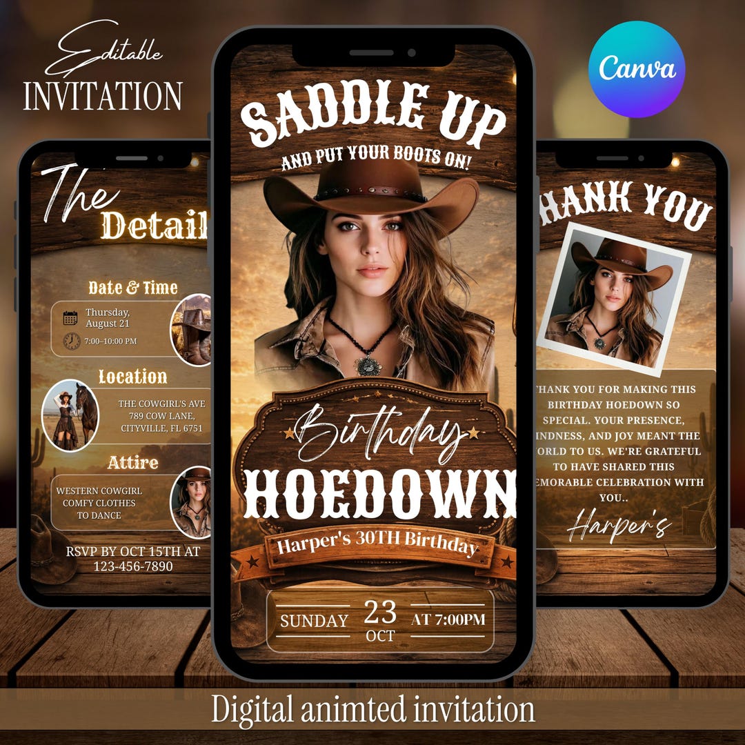 Digital Western Hoedown Birthday Party Invitation, Editable Cowboy ...