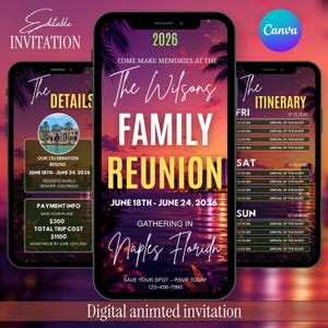 May include: A digital invitation template for a family reunion featuring a sunset background with palm trees. The text includes The Wilsons Family Reunion, June 18th-June 24th, 2026, in Naples, Florida, along with details, itinerary, and RSVP information.