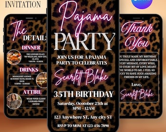May include: Three smartphone screens displaying a digital invitation template with a brown and black leopard print background. The text includes Pajama Party, Scarlett Blake 35th Birthday, October 25th, event details, and a thank you message.