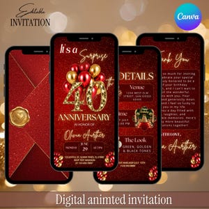 May include: A digital invitation set displayed on four smartphones featuring a deep red glitter background with gold accents. The design includes balloons, a gold wax seal, and text for a 40th anniversary surprise party for Olivia Aurther.