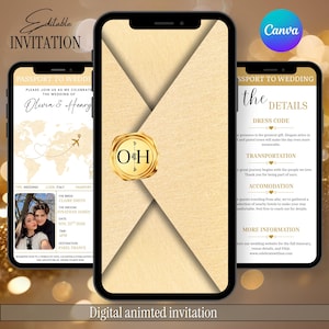 Op de afbeelding: Drie smartphones met een digitale trouwuitnodiging. De schermen tonen een ontwerp in paspoortstijl met een wereldkaart, een foto van een koppel en een gouden envelopafbeelding met een waszegel met de initialen OH.