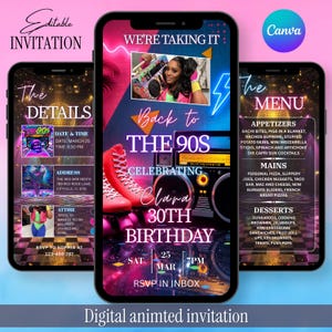 Puede incluir: Una plantilla de invitación de cumpleaños digital con temática de los 90 mostrada en tres pantallas de smartphone. El diseño incluye gráficos de neón, un radiocasete, patines y texto que incluye 'Back to THE 90s' y 'Clara 30TH BIRTHDAY'.