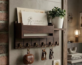Rustic Wooden Entryway Organizer – Mail Holder with Shelf and Key Hooks