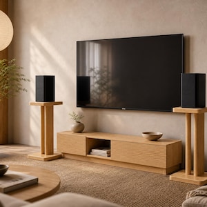 Massief houten luidsprekerstandaardpaar, boekenplankluidsprekerstandaards, moderne audioluidsprekerstandaard, hifi-luidsprekervoetstuk, minimalistisch interieur