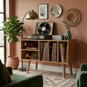 May include: A wooden media console with four open storage compartments filled with vinyl records, a brass trumpet, and a French horn. A portable record player sits on top, alongside a small speaker, a potted plant, and a brass floor lamp.