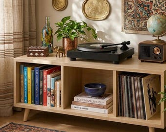 Solid Wood Record Player Stand with Vinyl Storage | Modern Turntable Cabinet | LP Organizer | Decorative Nostalgic Media Console