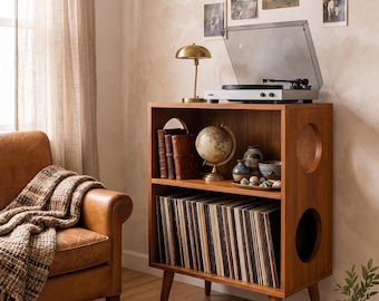 Solid Wood Record Player Stand | Vinyl Turntable Rack | Modern Decorative LP Shelf | Nostalgic Music Storage for Home