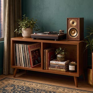 May include: A wooden media console with two open shelves. The top surface holds a turntable and a speaker with a gold cone. The left shelf contains a collection of vinyl records. The right shelf holds books, a small potted plant, and a candle.