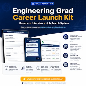 Puede incluir: Un kit de lanzamiento de carrera para graduados en ingeniería en descarga digital que incluye una plantilla de currículum profesional, un banco de preguntas de entrevista conductual y un rastreador de búsqueda de empleo. El gráfico incluye texto que detalla características como plantillas compatibles con ATS, preparación de entrevistas y un sistema de seguimiento para graduados.