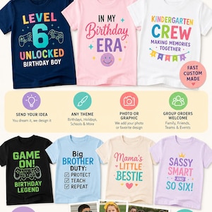 Pode incluir: Uma coleção de sete camisetas de manga curta em várias cores com estampas gráficas e texto incluindo Level 6 Unlocked, In My Birthday Era, Kindergarten Crew, Game On, Big Brother Duty, Mama's Little Bestie e Sassy Smart So Six.