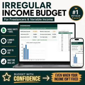 Irregular Income Budget Spreadsheet: Freelancer, Google Sheets, Excel, Self Employed Variable Income Tracker Tax Set Aside, Easy Setup