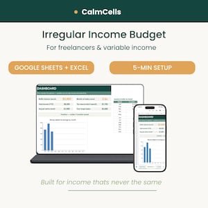 Puede incluir: Una plantilla digital de presupuesto para ingresos irregulares en Google Sheets y Excel, con un panel de datos financieros, gráficos de barras y etiquetas de texto como CalmCells, Irregular Income Budget, Google Sheets + Excel y 5-MIN SETUP.
