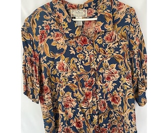 jonathan martin Sophisticates Navy Floral Button-Down Short Sleeve Blouse Vtg
