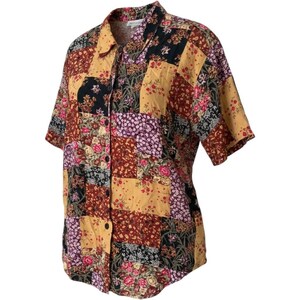 Impressions overhemd met knoopsluiting voor dames, maat XL, veelkleurig patchwork met bloemenprint van rayon, vintage stijl