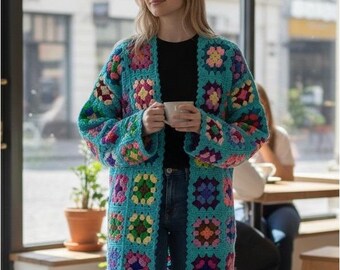 Cárdigan largo estilo bohemio de punto a mano, color turquesa multicolor, talla única.