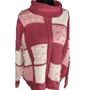 Pink Patchwork Sweater Hand Crafted Ireland Pom Pom Cable Knit Womens M Cottage