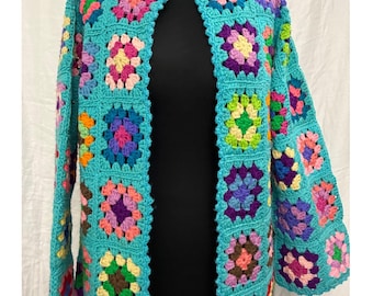 Cardigan Grandma Square da donna taglia unica turchese multicolore lavorato a mano stile boho