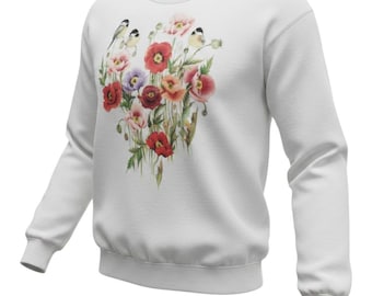 Sudadera Dolphin Shirt Co para mujer, talla L/XL, blanca, con estampado de pollitos, amapolas y pájaros.