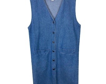 Vintage Denim Jumper Women Small Blue SHJean Longline Button Front chore pocket