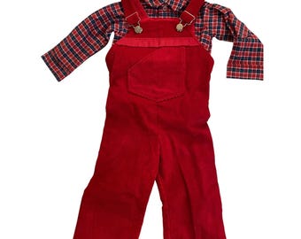 Thomas Corduroy Overalls Set Boys 2 Red Plaid Vintage Preppy 2 piece Outfit