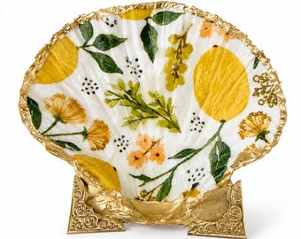 Lemon Scallop Shell Ring Dish | Botanical Jewelry Holder with Gold Leaf Trim