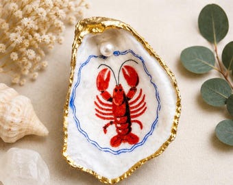 Hand Painted Lobster Oyster Shell Trinket Dish, Coastal Jewelry Holder, Nautical Beach Decor